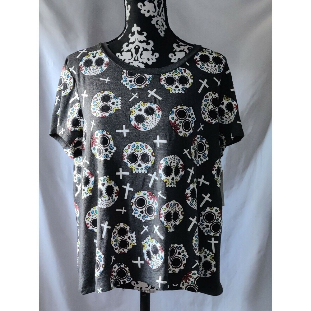 Occasion‎ Womens Sugar Skull Cross Graphic Tee Charcoal Gray Plus Size 2X